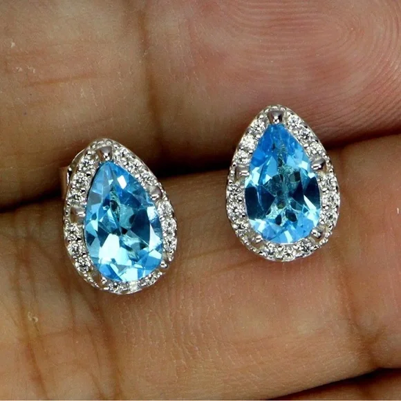 Set!! Elegant Natural Swiss Blue Topaz Pendant & Earrings in 925 Sterling Silver - Picture 3 of 11